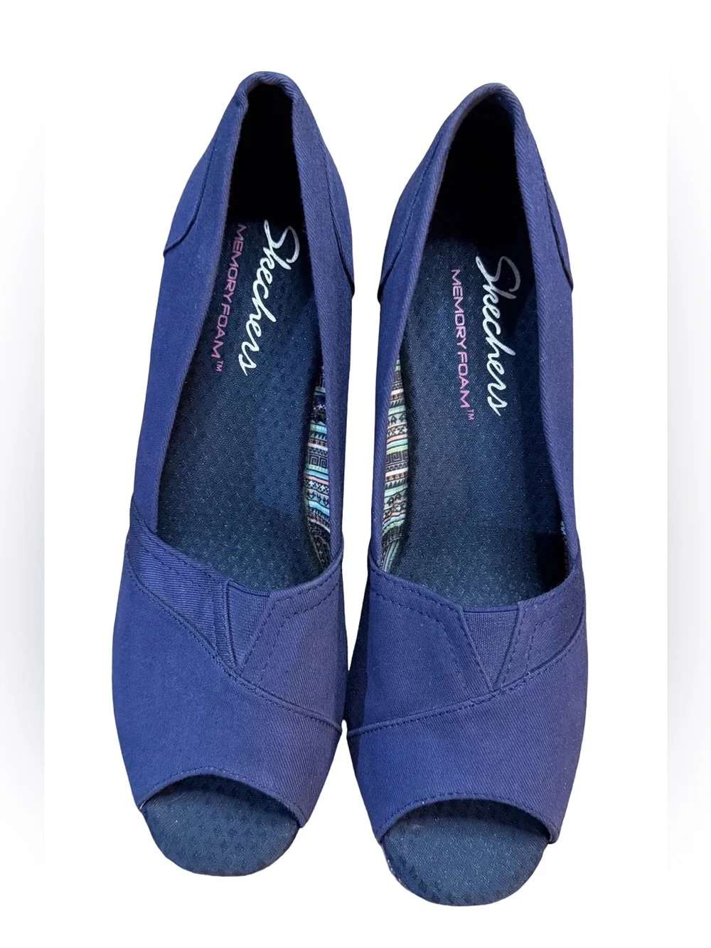 Skechers Navy Blue Canvas Peep-Toe Espadrille Wedge Shoes Women's Size 9